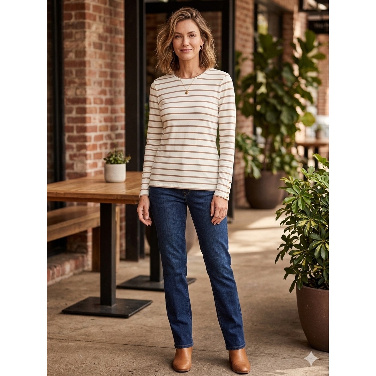 Brooks Brothers Womens Tan Striped Long Sleeve Cotton Modal Tee Button Cuff S